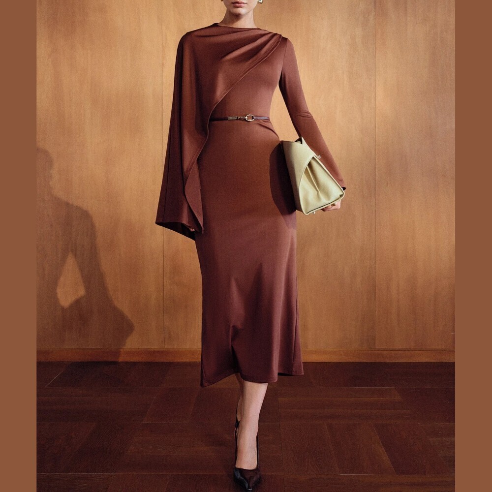 Brown Draped Asymmetric Cowl Neck Cape Sleeve Slim Fit Midi Dress